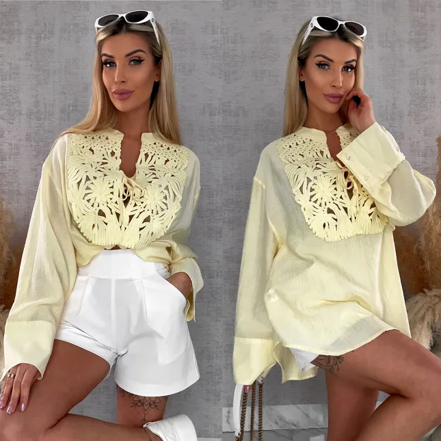 Asymetryczna cytrynowa bluzka koszulowa w stylu boho ONE SIZE - R686A