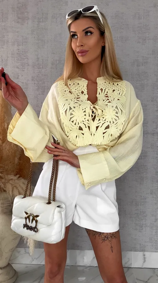 Asymetryczna cytrynowa bluzka koszulowa w stylu boho ONE SIZE - R686A