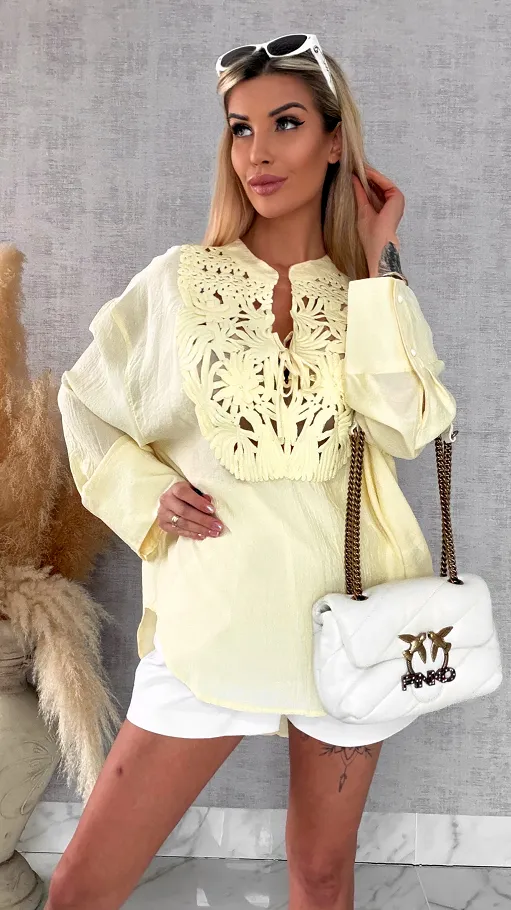 Asymetryczna cytrynowa bluzka koszulowa w stylu boho ONE SIZE - R686A