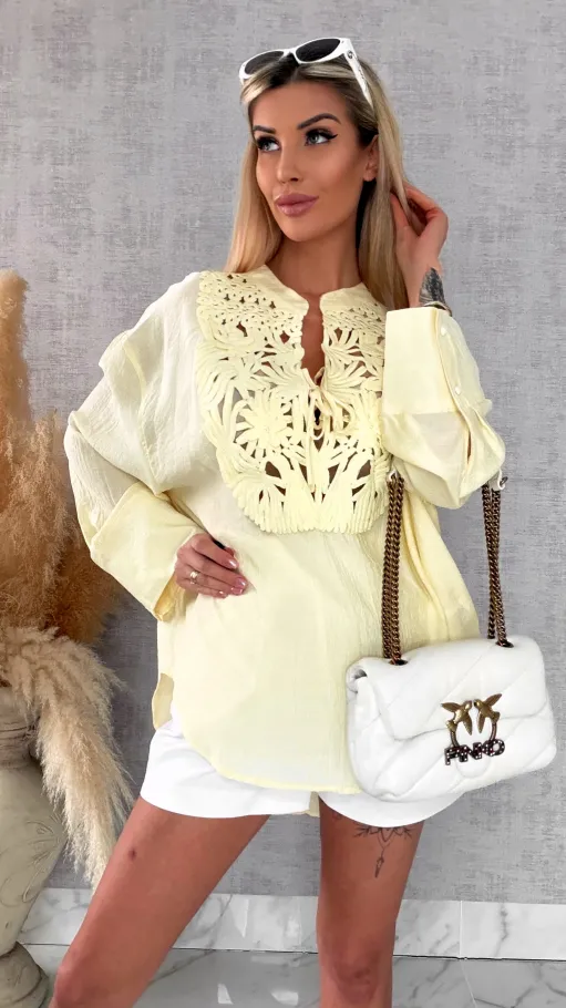 Asymetryczna cytrynowa bluzka koszulowa w stylu boho ONE SIZE - R686A