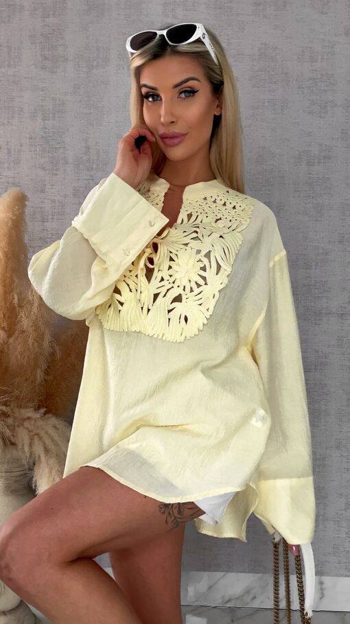 Asymetryczna cytrynowa bluzka koszulowa w stylu boho ONE SIZE - R686A