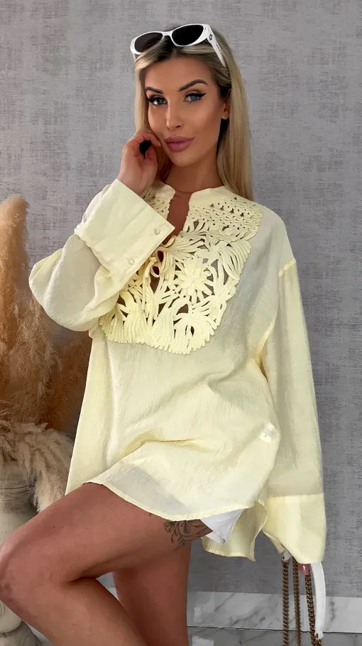 Asymetryczna cytrynowa bluzka koszulowa w stylu boho ONE SIZE - R686A