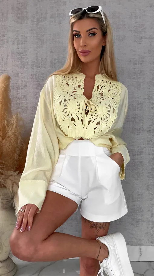 Asymetryczna cytrynowa bluzka koszulowa w stylu boho ONE SIZE - R686A
