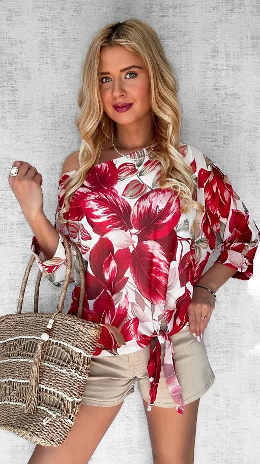 Wiosenna bluzka czerwone kwiaty ONE SIZE - P611A