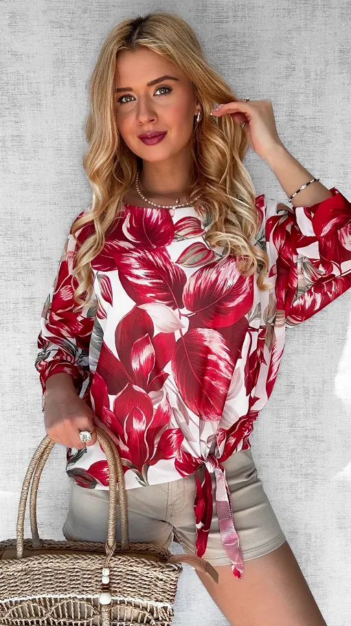 Wiosenna bluzka czerwone kwiaty ONE SIZE - P611A
