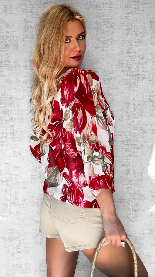 Wiosenna bluzka czerwone kwiaty ONE SIZE - P611A