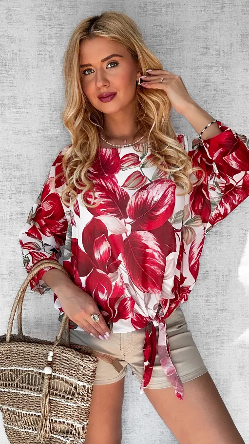 Wiosenna bluzka czerwone kwiaty ONE SIZE - P611A