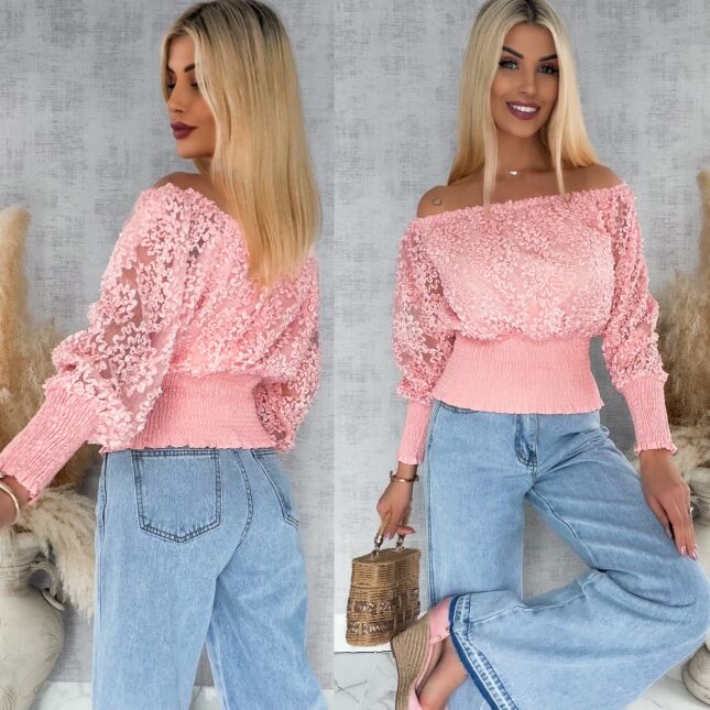 Różowa bluzka hiszpanka ze ściągaczami ONE SIZE - R877