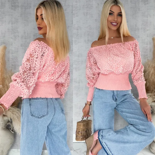 Różowa bluzka hiszpanka ze ściągaczami ONE SIZE - R877