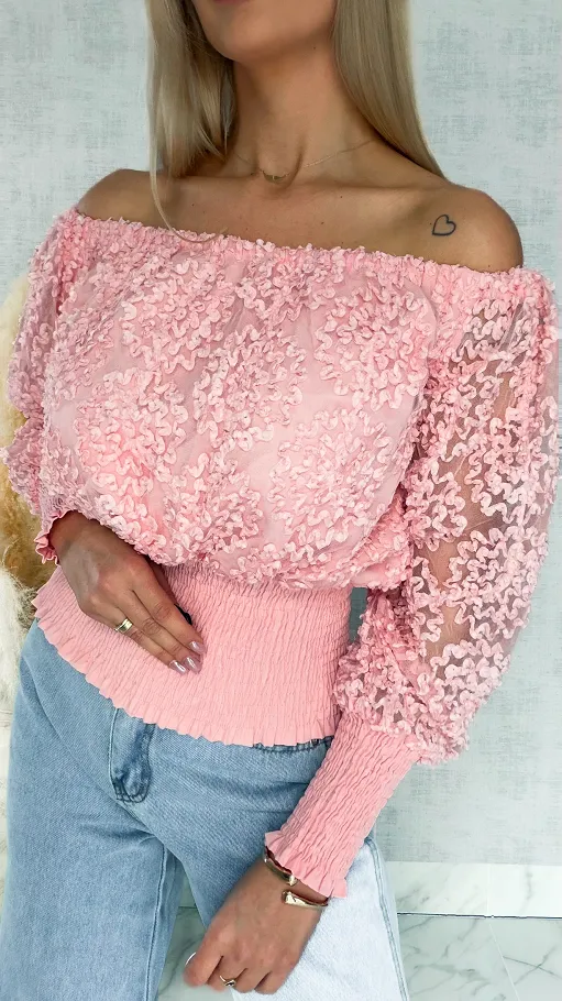 Różowa bluzka hiszpanka ze ściągaczami ONE SIZE - R877