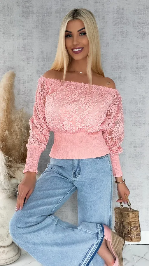 Różowa bluzka hiszpanka ze ściągaczami ONE SIZE - R877