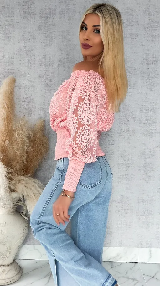 Różowa bluzka hiszpanka ze ściągaczami ONE SIZE - R877