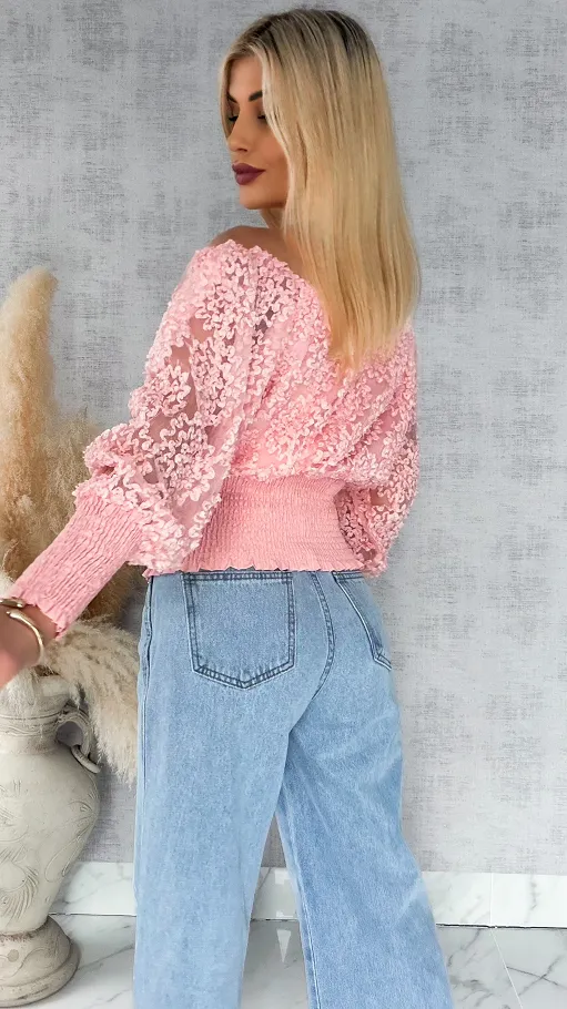 Różowa bluzka hiszpanka ze ściągaczami ONE SIZE - R877