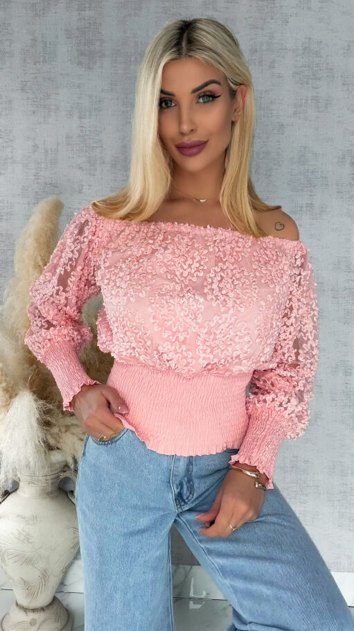 Różowa bluzka hiszpanka ze ściągaczami ONE SIZE - R877