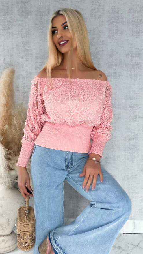 Różowa bluzka hiszpanka ze ściągaczami ONE SIZE - R877