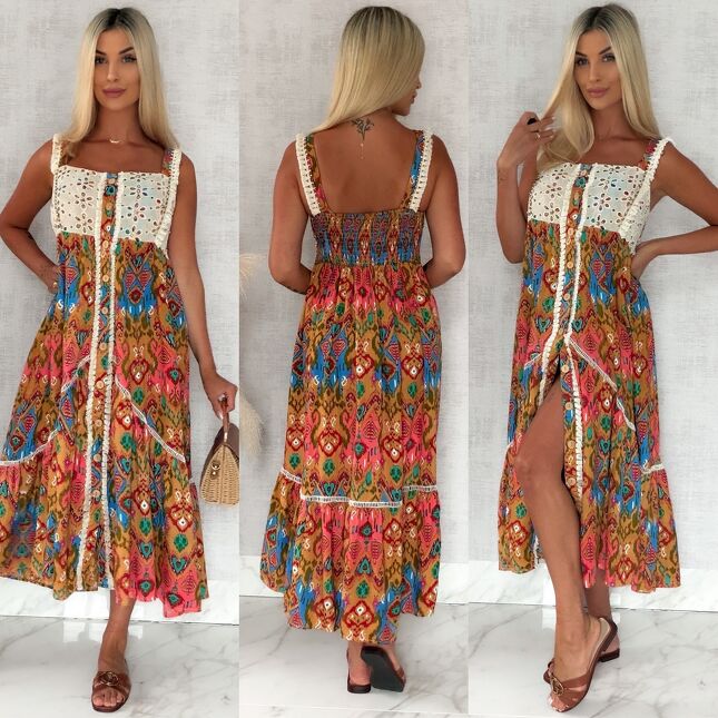 Boho MAXI sukienka zapinana na guziki 100% z wiskozy - S143