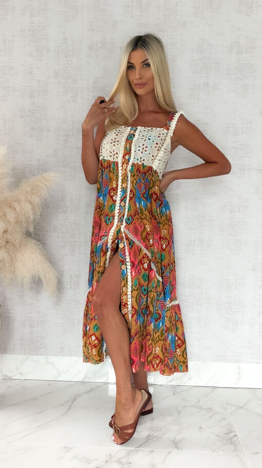 Boho MAXI sukienka zapinana na guziki 100% z wiskozy - S143