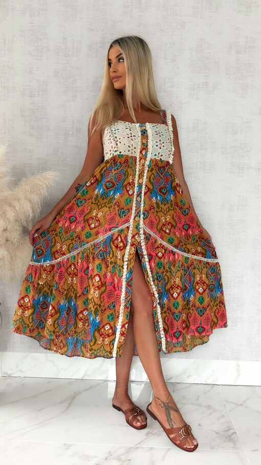 Boho MAXI sukienka zapinana na guziki 100% z wiskozy - S143