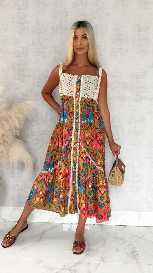 Boho MAXI sukienka zapinana na guziki 100% z wiskozy - S143