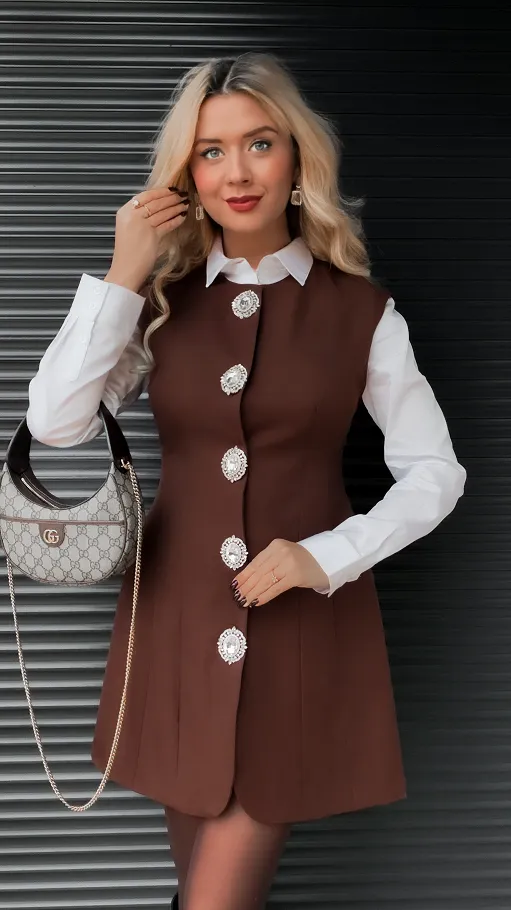 Elegancka brązowa sukienka z dużymi ozdobnymi guzikami - R369