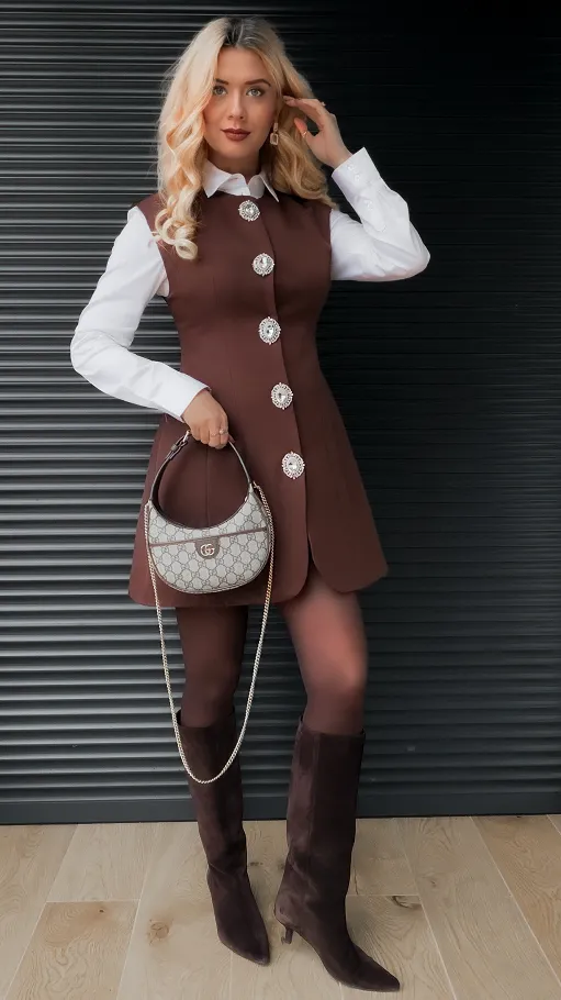 Elegancka brązowa sukienka z dużymi ozdobnymi guzikami - R369