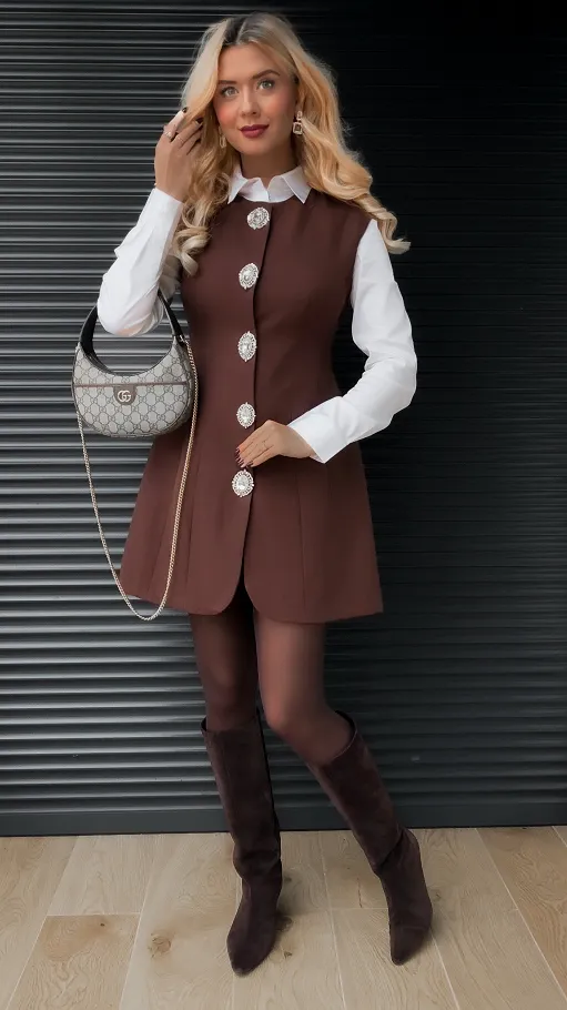 Elegancka brązowa sukienka z dużymi ozdobnymi guzikami - R369