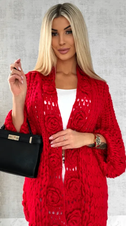 Ekskluzywny grubo pleciony sweter narzutka CZERWONY hand made - R473