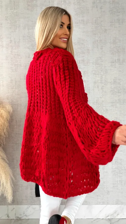 Ekskluzywny grubo pleciony sweter narzutka CZERWONY hand made - R473