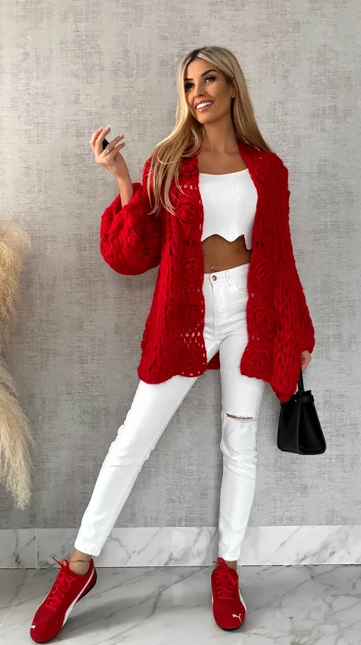 Ekskluzywny grubo pleciony sweter narzutka CZERWONY hand made - R473