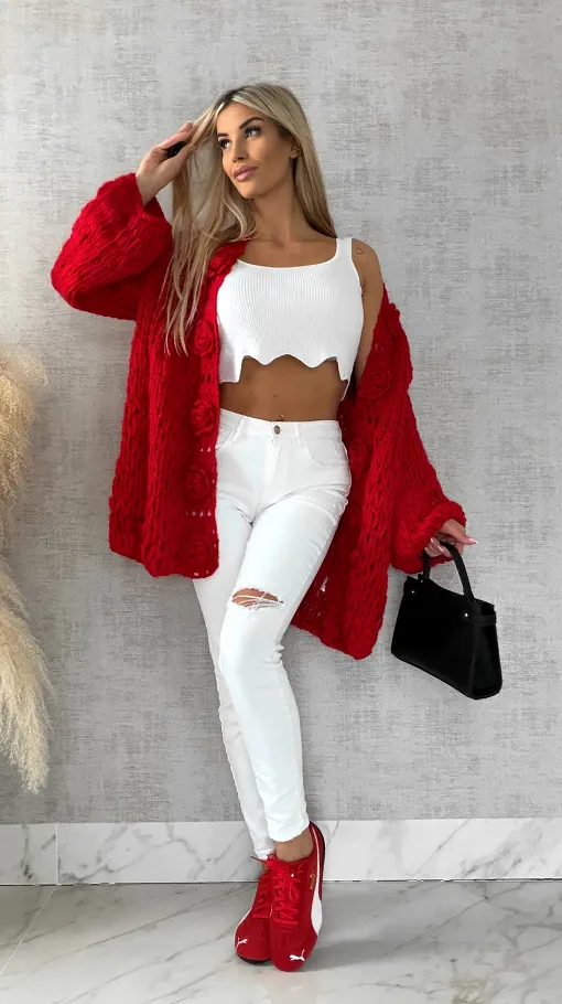 Ekskluzywny grubo pleciony sweter narzutka CZERWONY hand made - R473