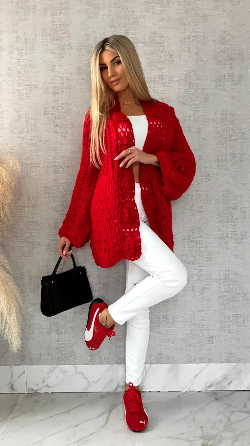 Ekskluzywny grubo pleciony sweter narzutka CZERWONY hand made - R473