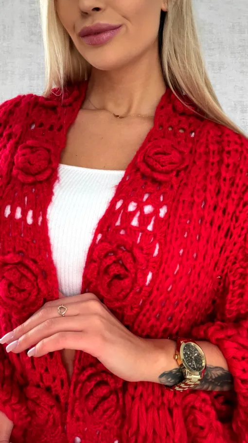 Ekskluzywny grubo pleciony sweter narzutka CZERWONY hand made - R473