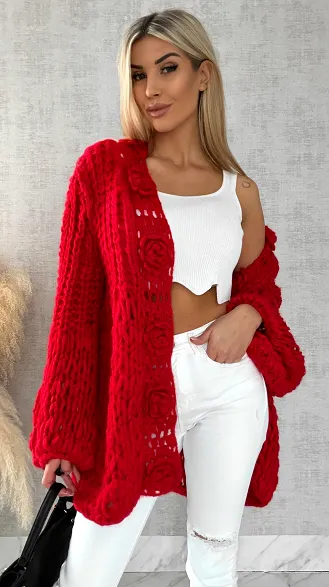 Ekskluzywny grubo pleciony sweter narzutka CZERWONY hand made - R473