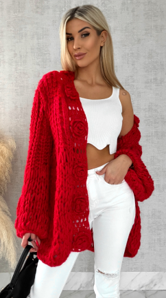 Ekskluzywny grubo pleciony sweter narzutka CZERWONY hand made - R473