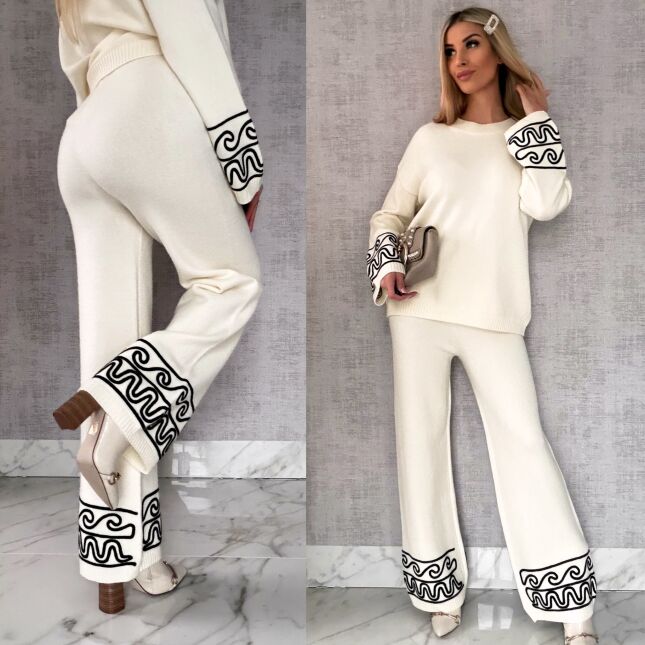 Wiosenny komplet dzianinowy ECRU sweter + spodnie ONE SIZE wiskoza - R656