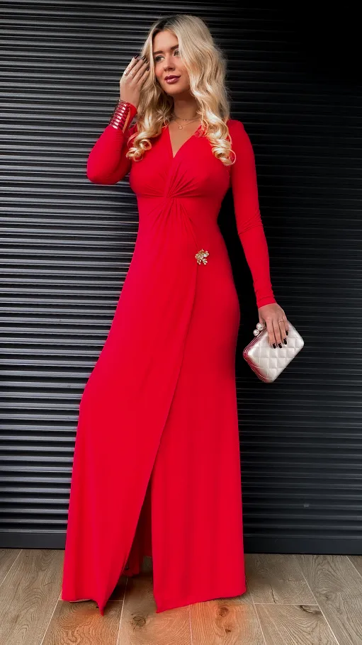 Długa czerwona MAXI sukienka z rozcięciem WISKOZA - R392