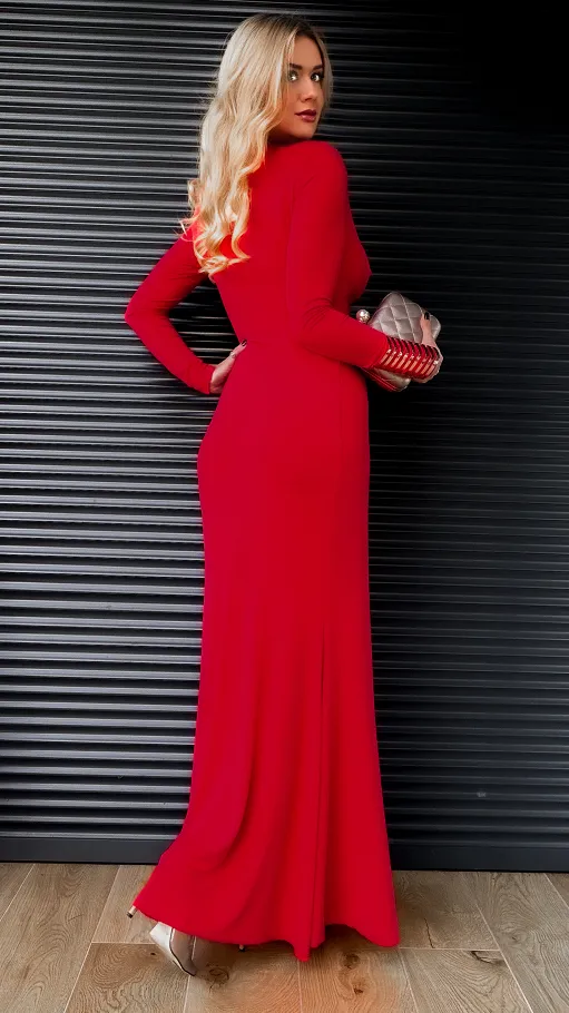 Długa czerwona MAXI sukienka z rozcięciem WISKOZA - R392