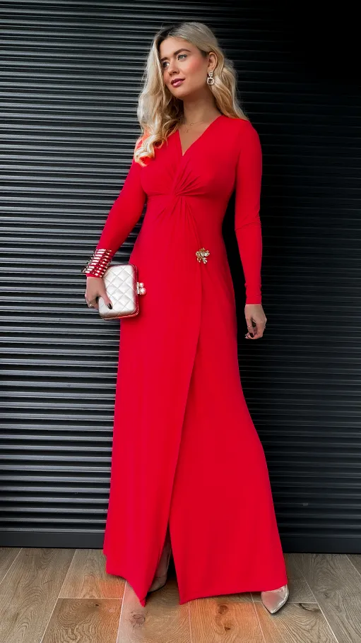 Długa czerwona MAXI sukienka z rozcięciem WISKOZA - R392