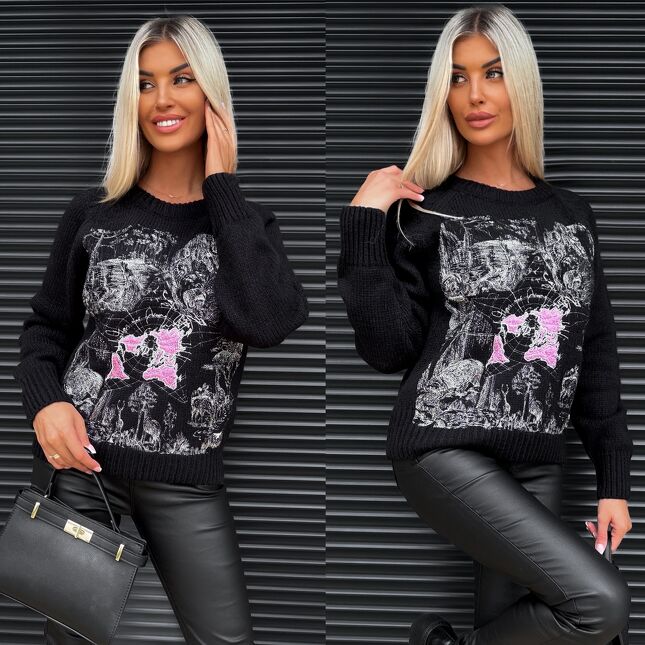 Oryginalny sweter z haftowaną mapą świata oraz zwierzętami ONE SIZE black - S338A
