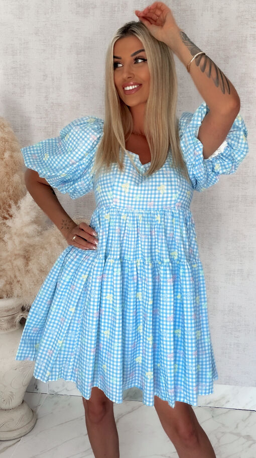 Cudowna sukienka baby doll w niebieską kratkę vichy ONE SIZE - S044