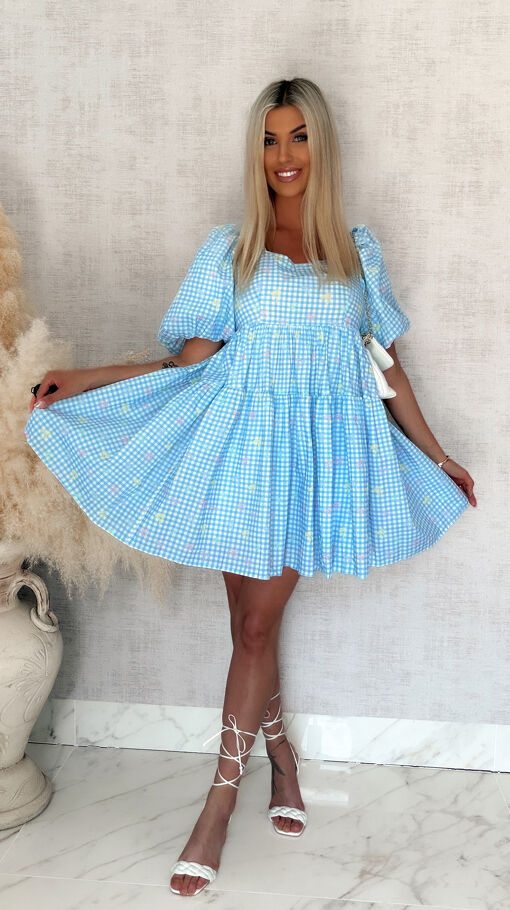 Cudowna sukienka baby doll w niebieską kratkę vichy ONE SIZE - S044