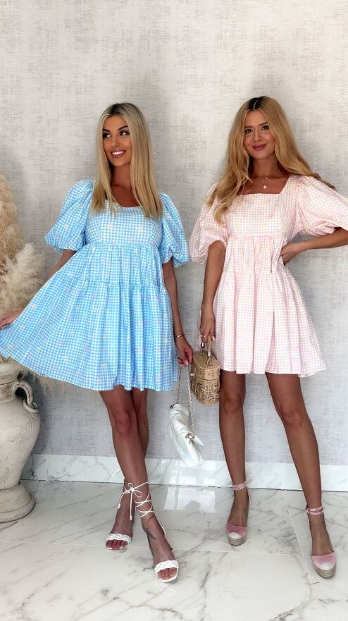 Cudowna sukienka baby doll w niebieską kratkę vichy ONE SIZE - S044
