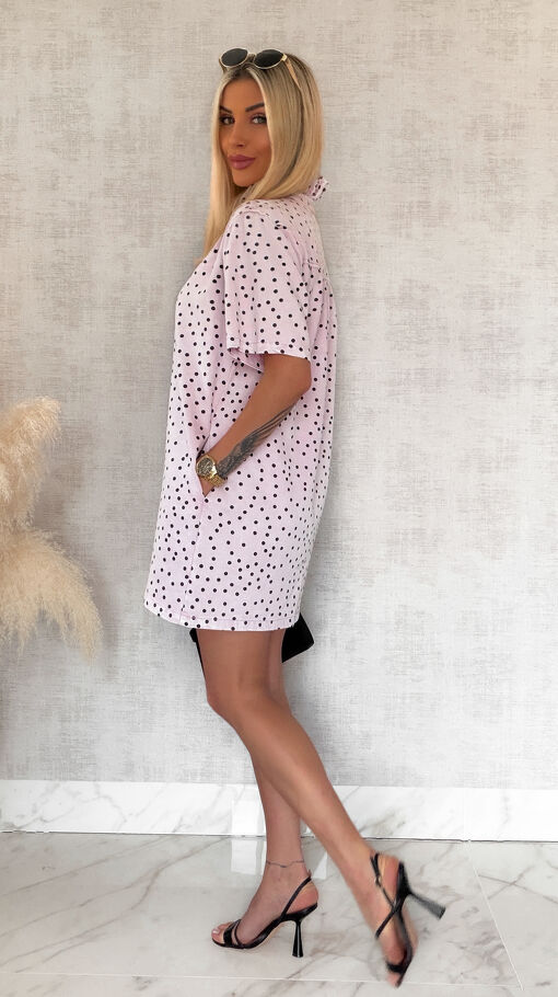 Oryginalna jeansowa sukienka w grochy ONE SIZE jasno-pudrowy róż - S068B
