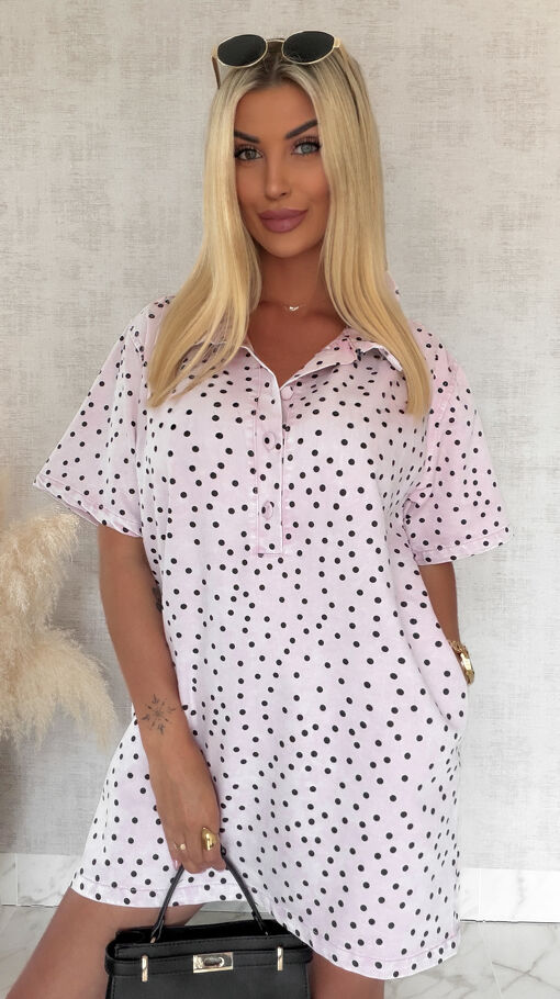 Oryginalna jeansowa sukienka w grochy ONE SIZE jasno-pudrowy róż - S068B