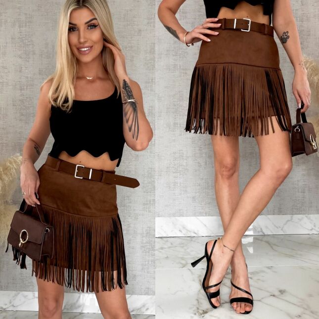 Brązowa zamszowa spódnica z frędzlami i paskiem - R823