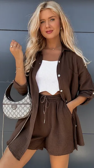 Brązowy muślinowy komplet z bawełny ONE SIZE - P903B