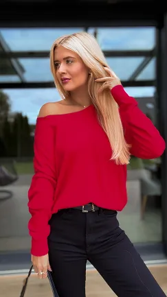 Lekki dzianinowy sweter z klasycznym dekoltem CZERWONY - R144