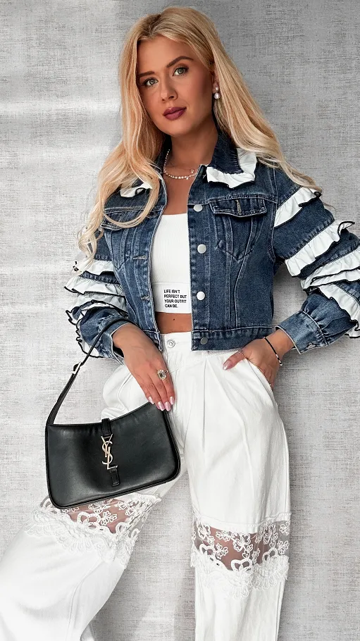 Jeansowa katana zdobiona białymi falbankami BLUE JEANS - P589