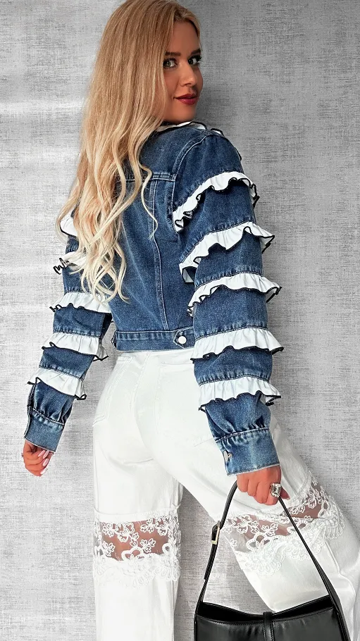 Jeansowa katana zdobiona białymi falbankami BLUE JEANS - P589