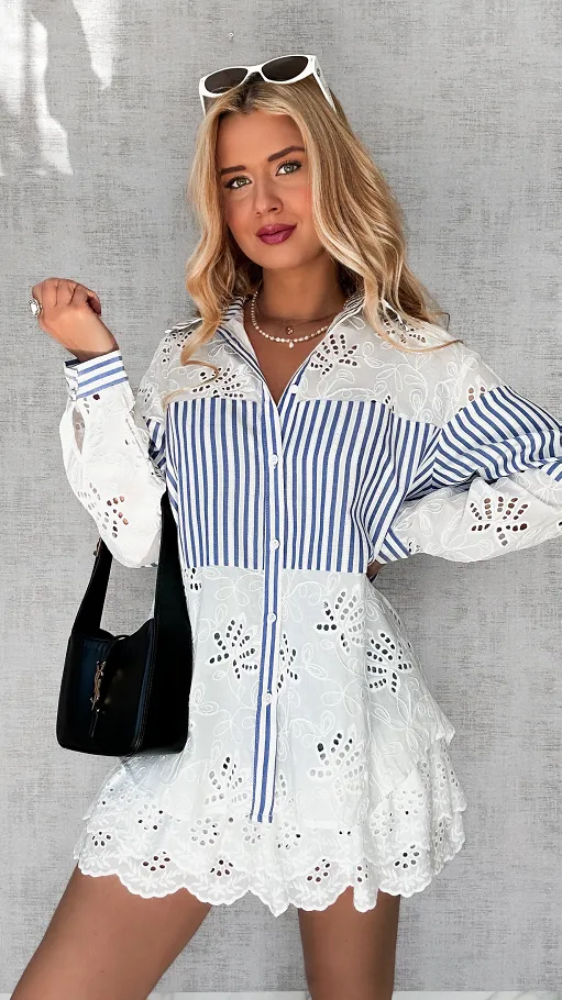 Świetna bawełniana koszula w niebieskie paski ONE SIZE - P631